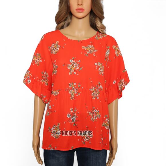 Bright Red Floral Ruffle Sleeve Scoopneck Babydoll Blouse Open Back Size XL - Picture 2 of 8